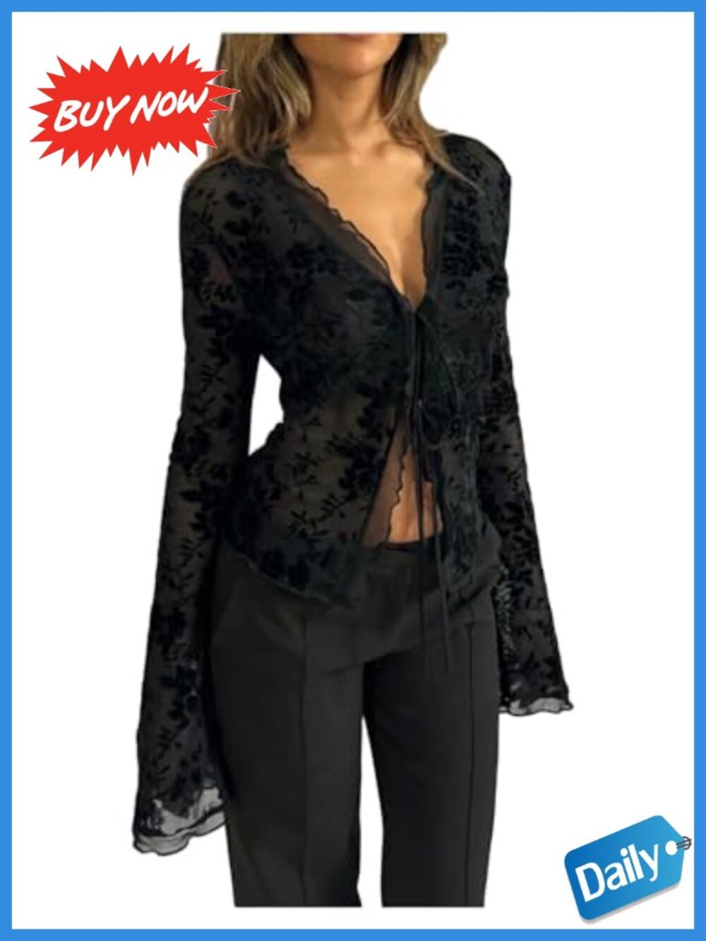 Y2K Mesh Tie Front Blouse Bell Long Sleeve V Neck Going Out Top